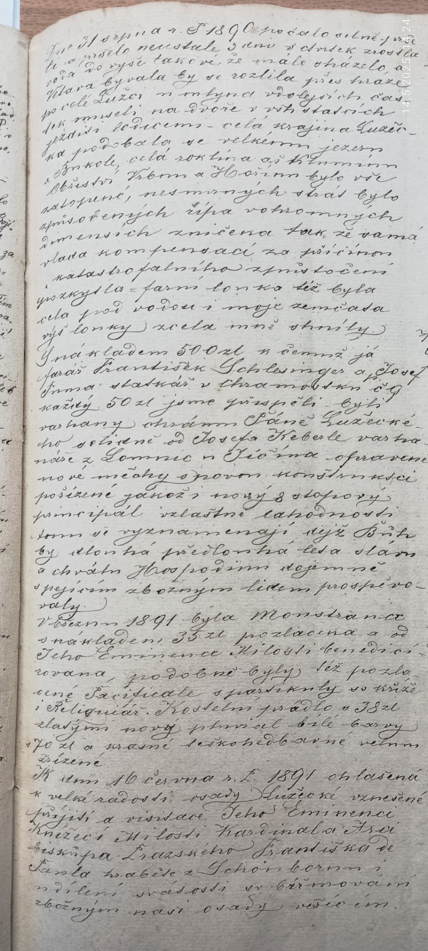 Zápis opravy varhan r. 1900, varhanář Josef Kobrle.